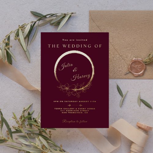 Elegant Gold Burgundy Wedding Foil Invitation