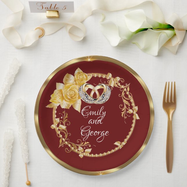 Elegant Gold Burgundy Wedding Personalised  Paper Plates (Wedding)