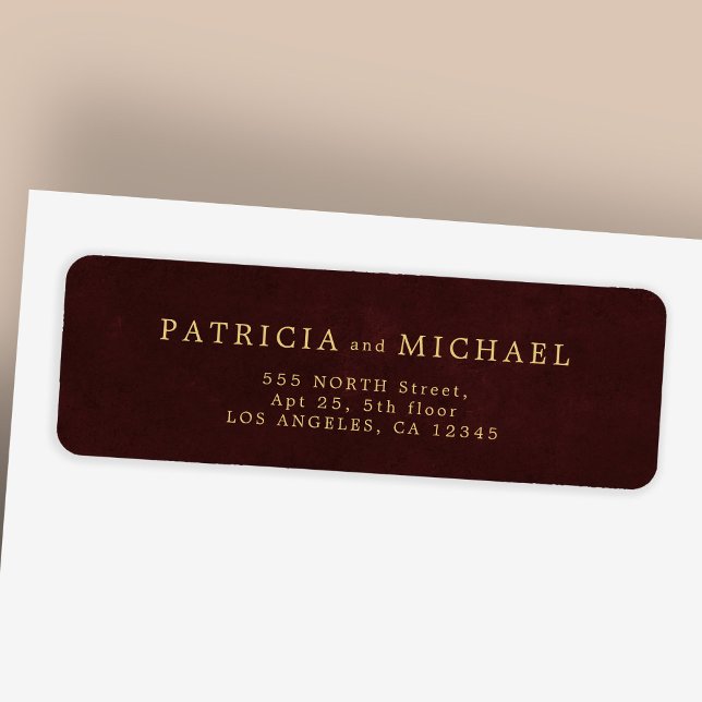 Elegant gold burgundy wedding return address label (Creator Uploaded)