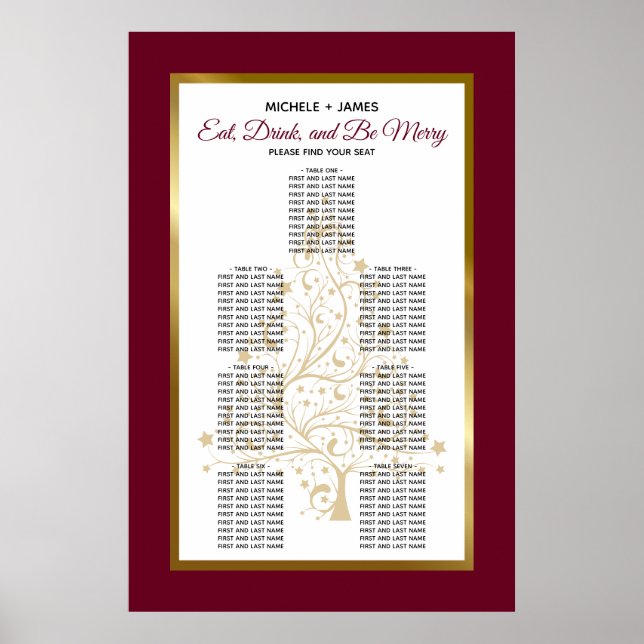Elegant Gold Burgundy Winter Wedding Seating Chart (Front)