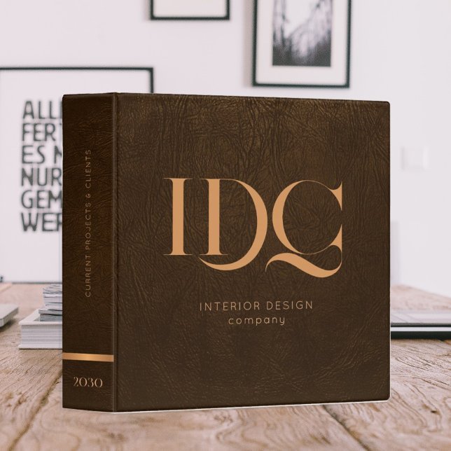 Elegant gold business monogram brown leather  3 ring binder (Creator Uploaded)