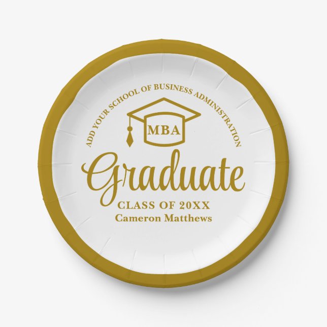 Elegant Gold Business School Graduation MBA Paper Plates (Front)