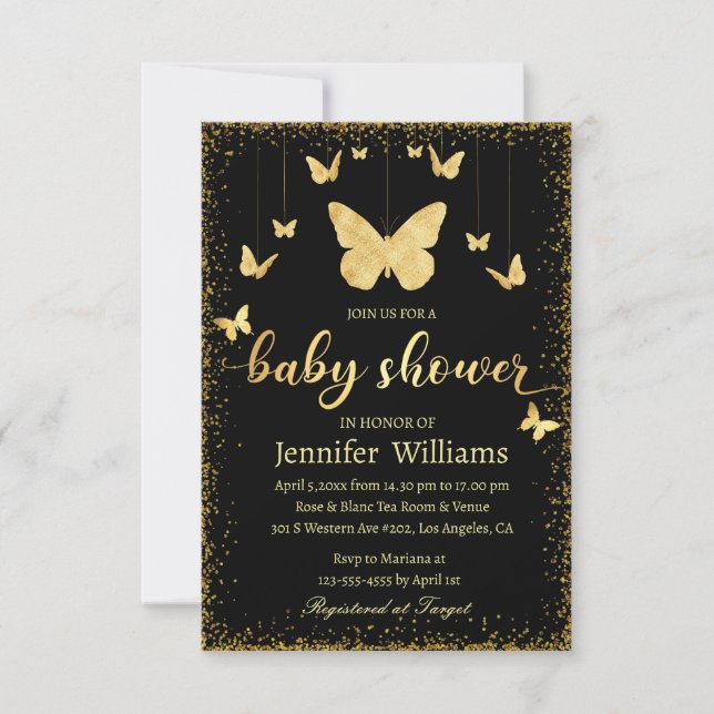 elegant gold butterflies black luxury baby shower  invitation (Front)