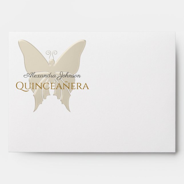 Elegant Gold Butterfly Monogram Quinceanera Envelope (Front)