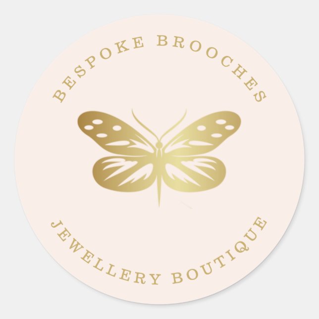 Elegant gold butterfly on beige classic round sticker (Front)