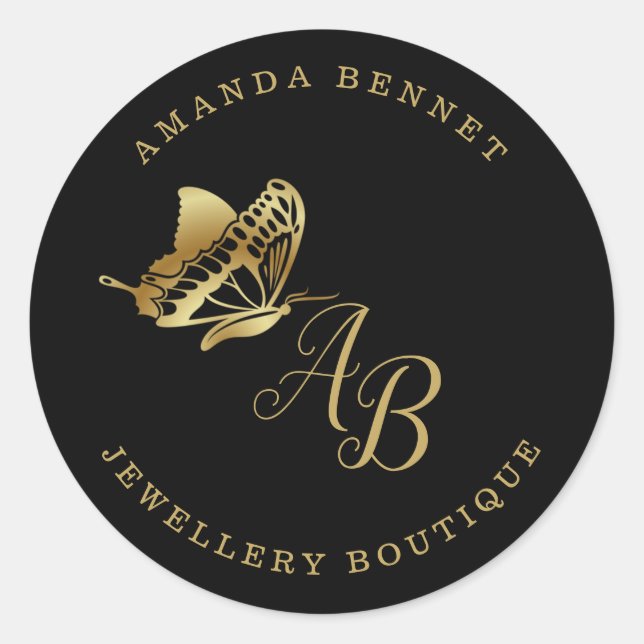 Elegant gold butterfly on black, monogramed classic round sticker (Front)