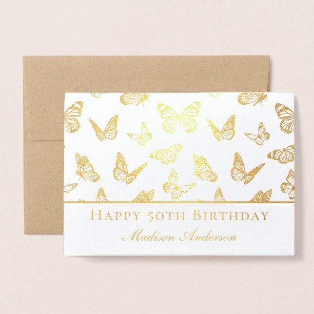 Elegant Gold Butterfly Pattern Happy 50th Birthday Foil Card (Front With Envelope)