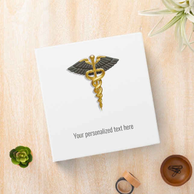 Elegant Gold Caduceus Black Wings Classy Medical 3 Ring Binder (In Situ)