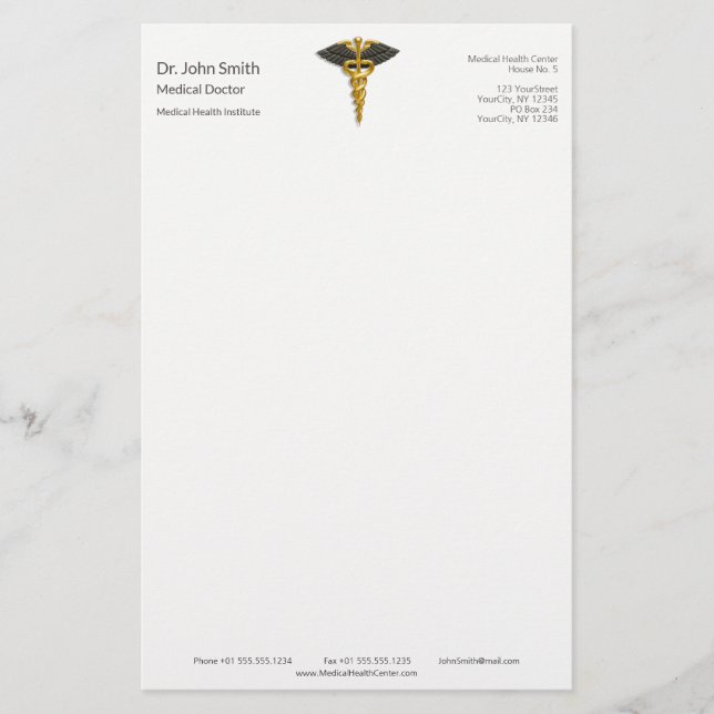 Elegant Gold Caduceus Black Wings Medical Classy Stationery (Front)