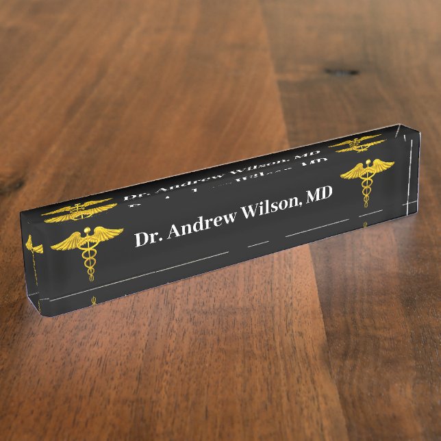 Elegant Gold Caduceus Medical Doctor Desk Name Plate (Side)