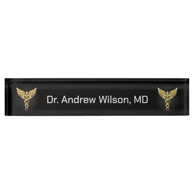 Elegant Gold Caduceus Medical Doctor  Desk Name Plate (Front)
