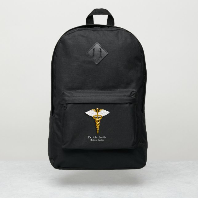 Elegant Gold Caduceus White Wings Medical Port Authority® Backpack (Front)
