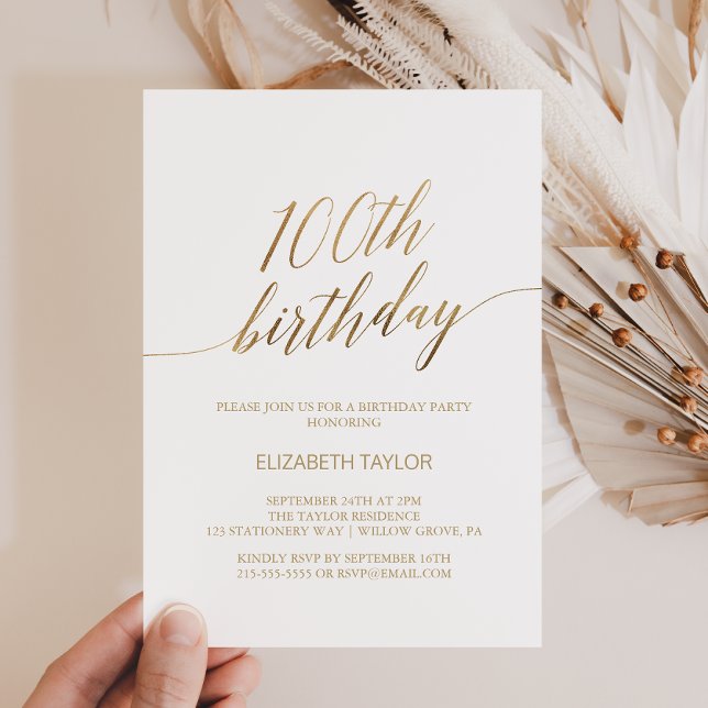 Elegant Gold Calligraphy 100th Birthday Invitation (Creator Uploaded)