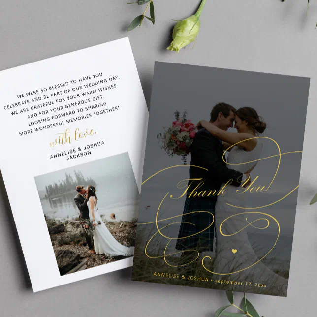 Elegant gold calligraphy 2 photos chic wedding thank you card | Zazzle