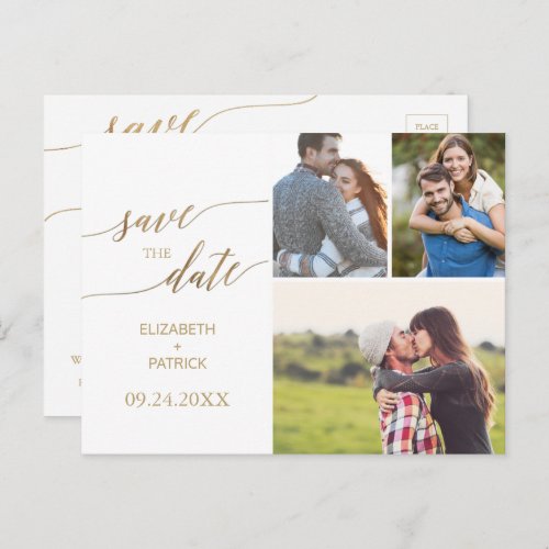 Elegant Gold Calligraphy 3 Photo Save the Date Announcement Postcard