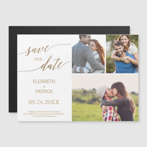 Elegant Gold Calligraphy 3 Photo Save the Date Magnetic Invitation