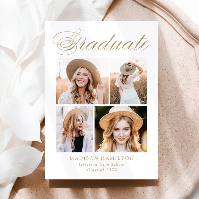 Elegant Gold Calligraphy 4 Photo Graduation Announcement (Creator Uploaded)