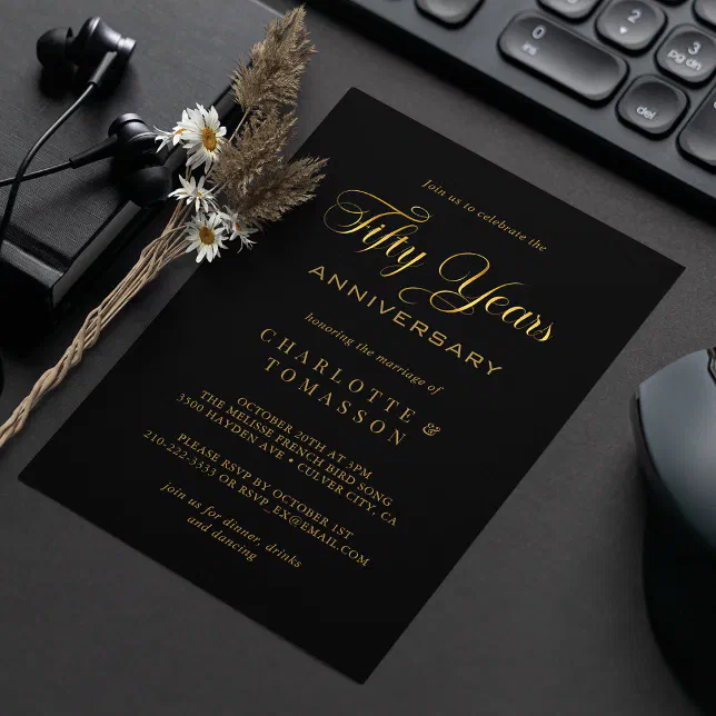 Elegant Gold Calligraphy 50th Anniversary Wedding Invitation | Zazzle