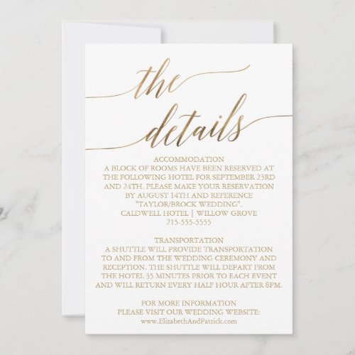 Elegant Gold Calligraphy 5x7 Wedding Details Card