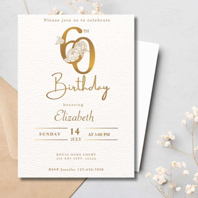 Elegant Gold Calligraphy 60th Birthday Floral Invitation (Creator Uploaded)