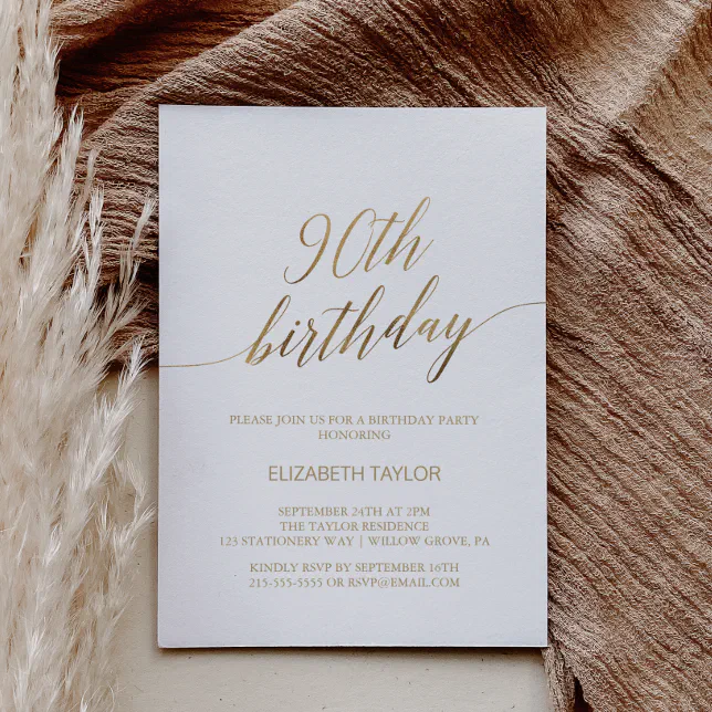 Elegant Gold Calligraphy 90th Birthday Invitation | Zazzle