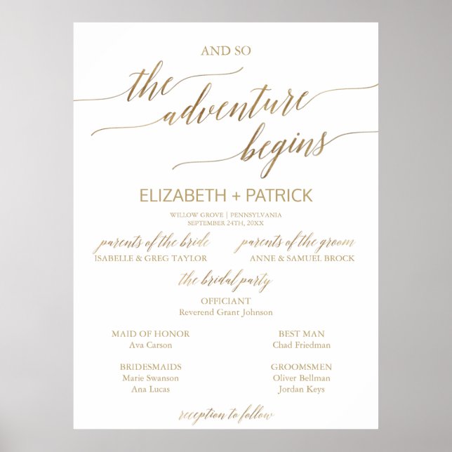 Elegant Gold Calligraphy Adventure Wedding Program Poster (Front)