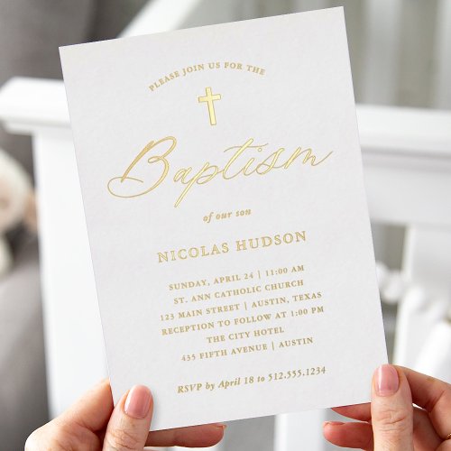 Elegant Gold Calligraphy and Cross  Baptism Foil Invitation