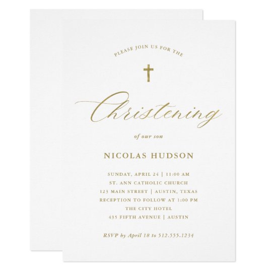 Elegant Gold Calligraphy and Cross | Christening Invitation | Zazzle.com