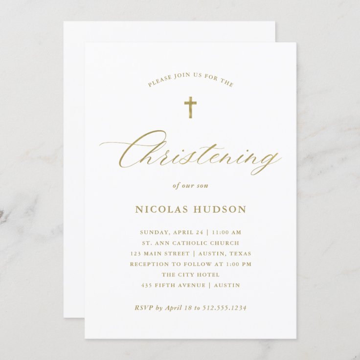 Elegant Gold Calligraphy and Cross | Christening Invitation | Zazzle