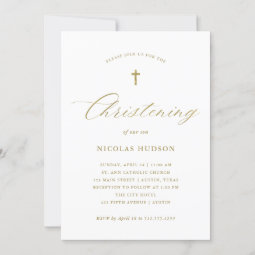 Elegant Gold Calligraphy and Cross | Christening Invitation | Zazzle