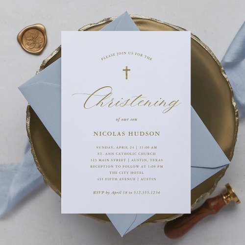 Elegant Gold Calligraphy and Cross  Christening Invitation