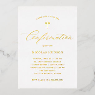 Elegant Gold Calligraphy and Cross   Confirmation Foil Invitation