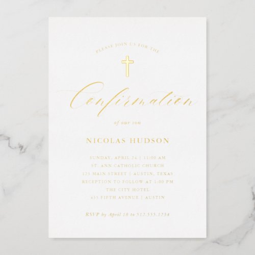 Elegant Gold Calligraphy and Cross  Confirmation Foil Invitation