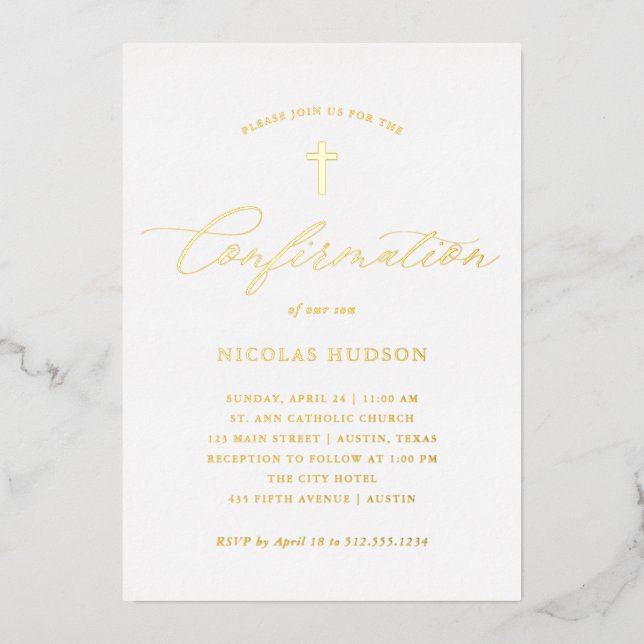 Elegant Gold Calligraphy and Cross | Confirmation Foil Invitation (Front)