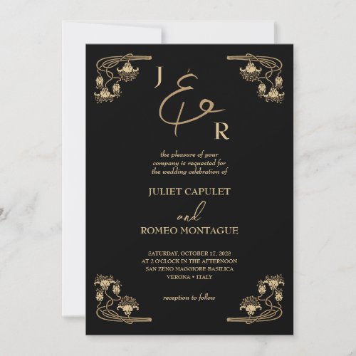 Elegant gold calligraphy Art Deco on black wedding Invitation