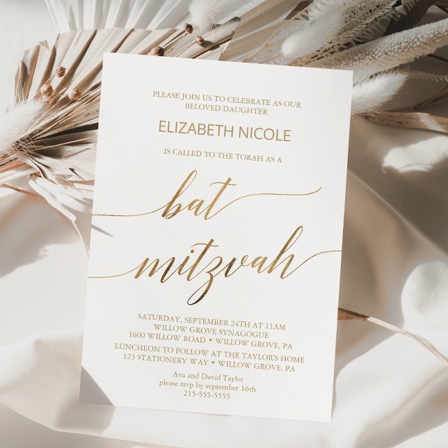 Elegant Gold Calligraphy Bat Mitzvah Invitation (Creator Uploaded)