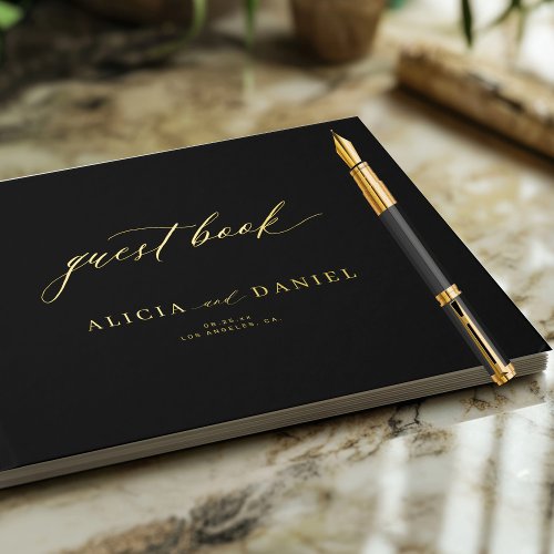 Elegant gold calligraphy black minimalist wedding foil guest book 