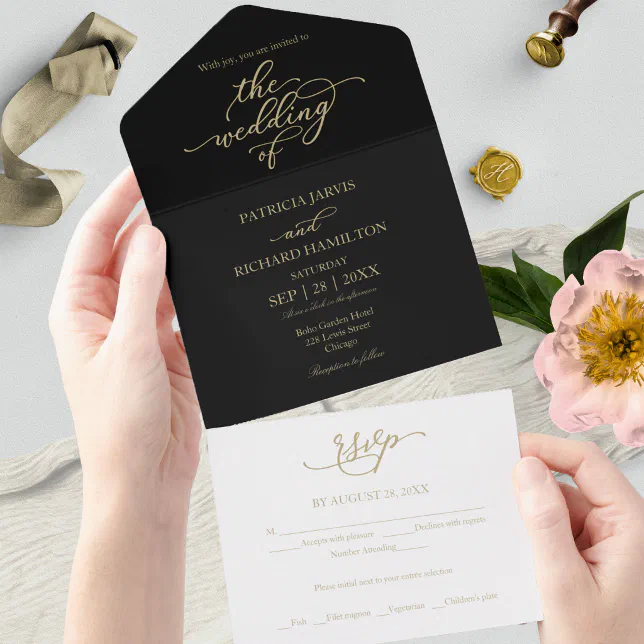 Elegant Gold Calligraphy Black Wedding All In One Invitation | Zazzle