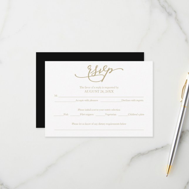 Elegant Gold Calligraphy Black Wedding RSVP (Front/Back In Situ)