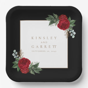 Elegant Gold Calligraphy Black & White Wedding Paper Plates