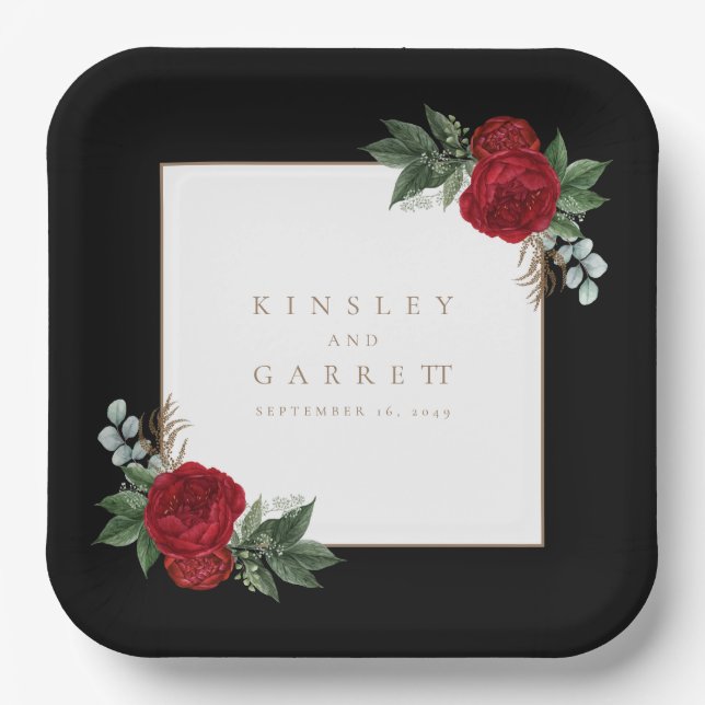 Elegant Gold Calligraphy Black & White Wedding Paper Plates (Front)