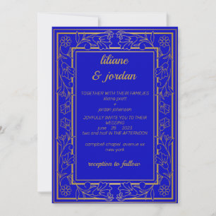 elegant gold calligraphy blue Wedding Invitation
