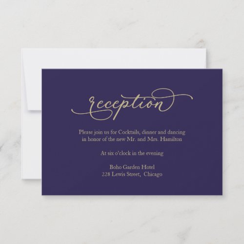 Elegant Gold Calligraphy Blue Wedding Reception RSVP Card