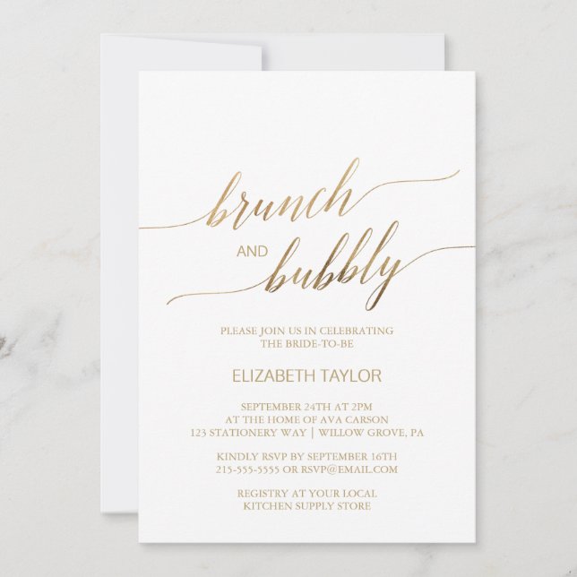 Elegant Gold Calligraphy Brunch & Bubbly Invitation (Front)