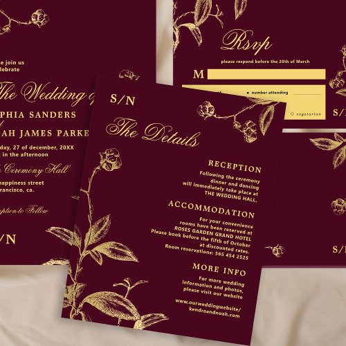 Elegant gold calligraphy burgundy wedding details enclosure card