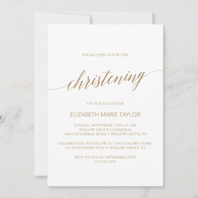 Elegant Gold Calligraphy Christening Invitation (Front)