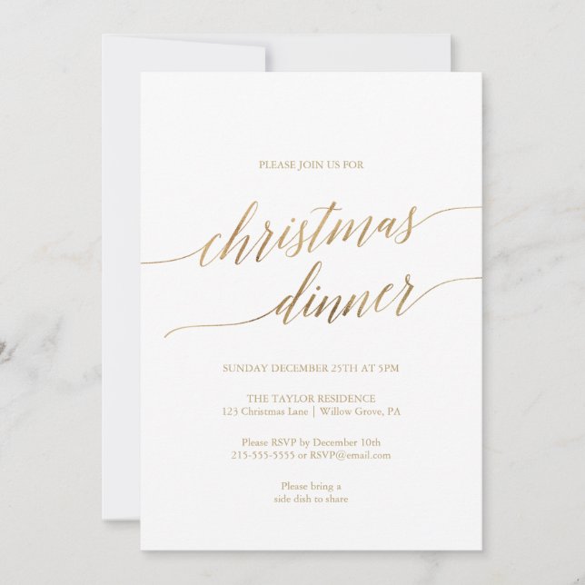 Elegant Gold Calligraphy Christmas Dinner Invitation (Front)