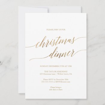 Elegant Gold Calligraphy Christmas Dinner Invitation by ChristmasPaperCo at Zazzle