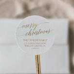 Elegant Gold Calligraphy Christmas Return Address Classic Round Sticker<br><div class="desc">These elegant gold calligraphy Christmas return address stickers are perfect for a simple holiday card or invitation envelope. The neutral design features a minimalist sticker decorated with romantic and whimsical faux gold foil typography. Please Note: This design does not feature real gold foil. It is a high quality graphic made...</div>