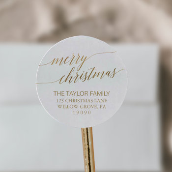 Elegant Gold Calligraphy Christmas Return Address Classic Round Sticker by ChristmasPaperCo at Zazzle